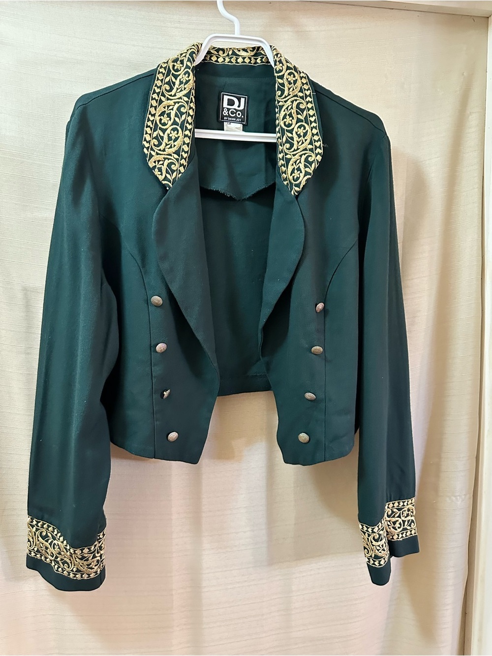 DJ & Co Vintage Cropped Jacket Green Gold Embroidered Collar Cuffs